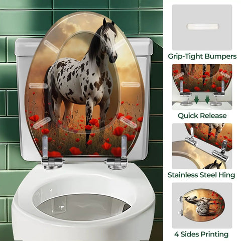 Elongated Toilet Seat Resin for Bathroom featuring a horse image, ideal for most elongated toilets.