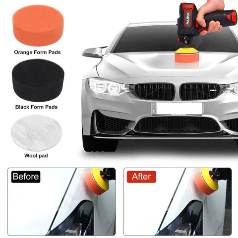 Cordless 3 Inch Car Buffer Polisher Kit With 12V 2000mAh Battery polishing car hood with orange foam pad, before and after results
