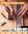 Carbide scribe tool in use on wood, showcasing precision measuring with a ruler. Ideal for exact layout tasks.