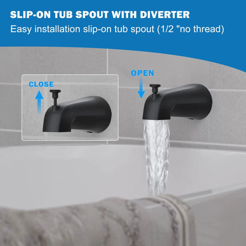 Matte Black 9 Setting Rain Shower Head Tub And Shower Faucet Set With Single Handle Valve Trim Kit Upgrade Your Bath High Pressure Rain Shower System Durable Finish Easy Install Bathtub Shower Combo showing slip-on tub spout with diverter.