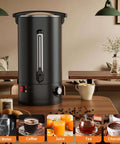 18 Liter Coffee Urn With Double Wall Insulation, Stainless Steel Black, 120 Cups Capacity, shown on a wooden table.
