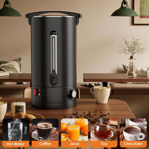 18 Liter Coffee Urn With Double Wall Insulation, Stainless Steel Black, 120 Cups Capacity, shown on a wooden table.