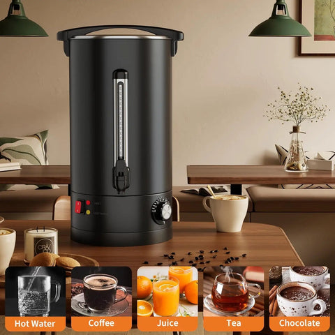 Coffee Urn Hot Beverage Dispenser With Double Wall Stainless Steel Construction Huge 14L 3.7 Gallon Capacity on a table