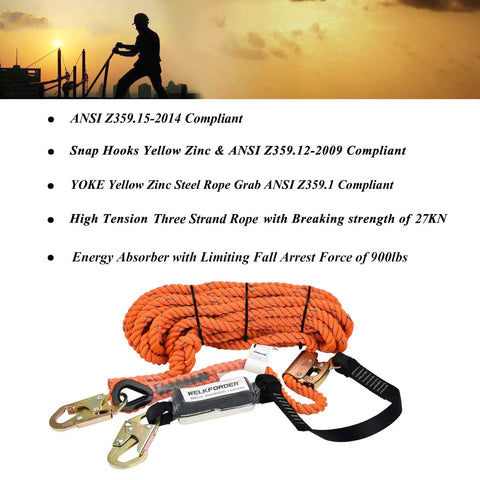 50 Foot Vertical Lifeline Kit With Three Strand Rope And Rope Grab And Snap Hooks Shock Absorber For Fall Protection Pro Grade ANSI Compliant Safety Gear