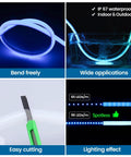 16.5 Ft Silicone LED Channel With Diffuser IP67 Waterproof Flexible Bendable showcasing bending, cutting, and light diffusion features