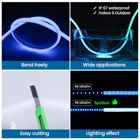 16.5 Ft Silicone LED Channel With Diffuser IP67 Waterproof Flexible Bendable showcasing bending, cutting, and light diffusion features