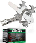 Sawyer Welder's Third Hand portable pipe welding clamp with white handle and metal jaws, front view