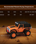 Image of a model car depicting recommended filament drying temperatures for PLA, PETG, TPU, ABS, PC, PA, and PAHT materials.