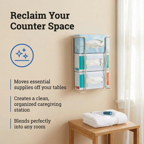 Hella Handy Wall Mount Glove And Tissue Wire Rack Dispenser That Holds Up To Three Boxes in living room with decor and text