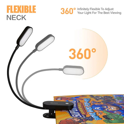 Rechargeable Clip On Book Light With 14 LEDs Eye Care Amber Reading Lamp shown with flexible 360-degree adjustable neck