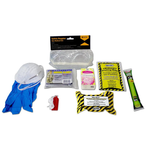 Evacuation Essentials Plus Kit For Earthquake Fire Flood And Hurricane Preparedness items including gloves, mask, lightstick