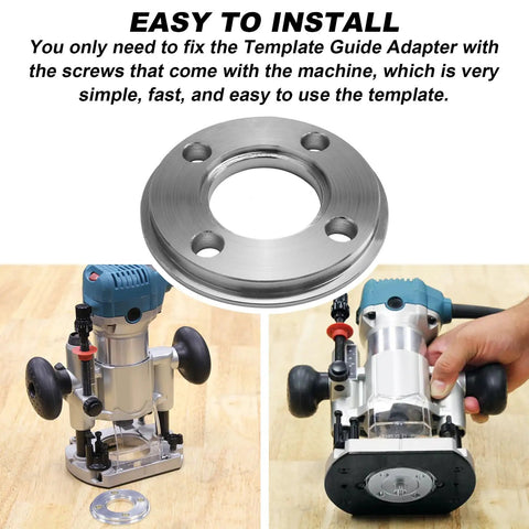 Heavy Duty Template Guide Adapter Fits Makita Routers 3606 3612 3621 3620, solid steel base with mounting holes for precision routing.