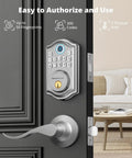 Slick Fingerprint Keyless Entry Door Lock With Sturdy Lever Handle Set In Brushed Nickel Finish showing keypad and lever handle.