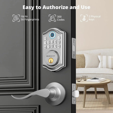 Slick Fingerprint Keyless Entry Door Lock With Sturdy Lever Handle Set In Brushed Nickel Finish showing keypad and lever handle.