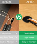 Before and after image showing messy wires vs neat organization using Top Tier White Desk Grommet 2 Pack No Fuss Cable Hole Cover For Office Setup.