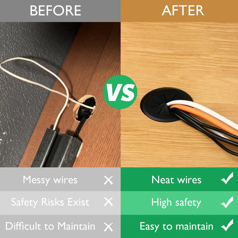 Before and after image showing messy wires vs neat organization using Top Tier White Desk Grommet 2 Pack No Fuss Cable Hole Cover For Office Setup.