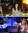 Comparison of a woman using Amber A19 Light Bulbs 9W 60W Equivalent Soft Warm 1800K, reducing eye fatigue vs. blue light exposure.