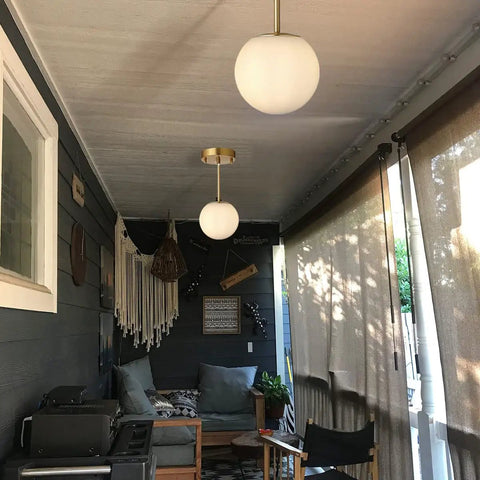 Globe Pendant Light With Matte White Glass And Brass Finish, Dope Modern Mid Century Ceiling Fixture, 8 Inch White Globe on porch