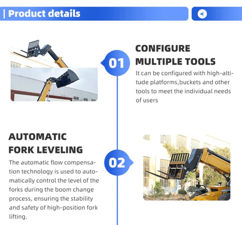 Heavy Duty Telehandler Telescopic Forklift with configurable tools shown in automatic fork leveling setup for heavy lifting.