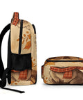Side view of Fall Raccoon Print Backpack with Large Capacity, showing the durable polyester and breathable design with raccoon print.