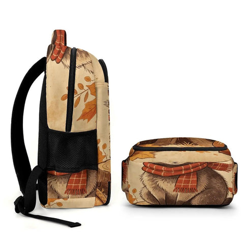 Side view of Fall Raccoon Print Backpack with Large Capacity, showing the durable polyester and breathable design with raccoon print.