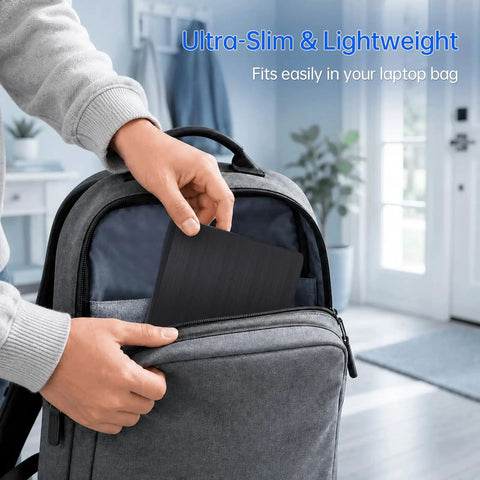 Ultra Portable External Blu Ray Drive With USB 3.0 And Type C For Mac And Windows, No Fuss Plug And Play, Fast 6X Blu Ray, 8X DVD, 24X CD Read Write, Up To 5Gbps USB Speed, Lightweight 0.9 Pound, Ready To Roll. slim black external Blu-ray drive fits in a laptop bag