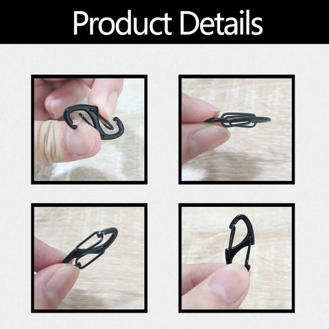 Close-up of 18 Pack Double Sided Spring Carabiner Clips For Keys Backpacks And Zippers, small metal carabiners in hand.