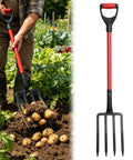 Heavy Duty Garden Pitchfork 42.5 Inch One Piece With Metal Four Tines Fiberglass D Handle Built For Digging Composting