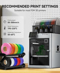 Bambu Lab 3D printer with colorful filament rolls and PLA Plus 2.0 No Spool Filament Refill Bundle, showing print settings