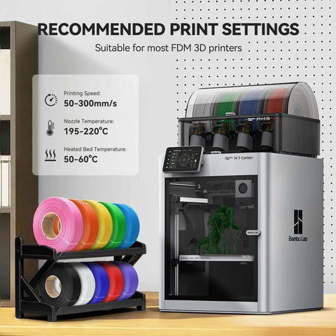 Bambu Lab 3D printer with colorful filament rolls and PLA Plus 2.0 No Spool Filament Refill Bundle, showing print settings