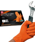 Hella Tough 8 Mil Nitrile Mechanic Gloves With Raised Diamond Texture Heavy Duty Disposable Work Gear Puncture Resistant Grease Slayer Case Of One Hundred Orange Medium Battle Tested, worn while holding a wrench.