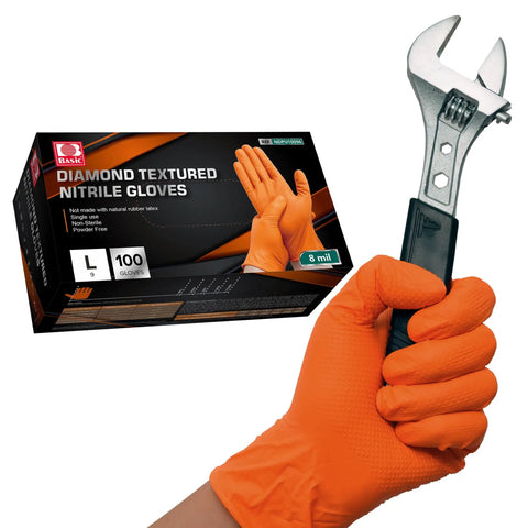 Hella Tough 8 Mil Nitrile Mechanic Gloves With Raised Diamond Texture Heavy Duty Disposable Work Gear Puncture Resistant Grease Slayer Case Of One Hundred Orange Medium Battle Tested, worn while holding a wrench.