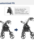 No Sweat Folding Rollator Walker And Transport Chair Combo With Slick Frame Smooth Ride Adjustable Backrest Supports Three Hundred Pounds For Easy Caregiver Handling showing height adjustment feature between 31.5'' - 37''