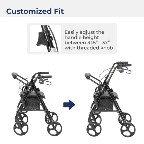 No Sweat Folding Rollator Walker And Transport Chair Combo With Slick Frame Smooth Ride Adjustable Backrest Supports Three Hundred Pounds For Easy Caregiver Handling showing height adjustment feature between 31.5'' - 37''