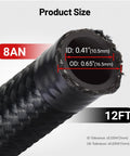 8AN Nylon Braided Fuel Line Kit 12Ft Black With Stainless Steel Fittings For Fuel Return And Supply, showing ID and OD