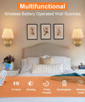 Battery Operated Wall Sconce Set Of Two With Gold Rattan Shade And Rechargeable RGB Bulbs For Wireless Bedroom Lighting in a cozy bedroom.