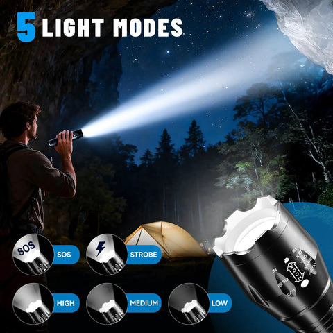 Rechargeable Tactical Flashlight With 1200mAh Battery USB C Quick Charge Five Mode LED Torch for camping at night scene
