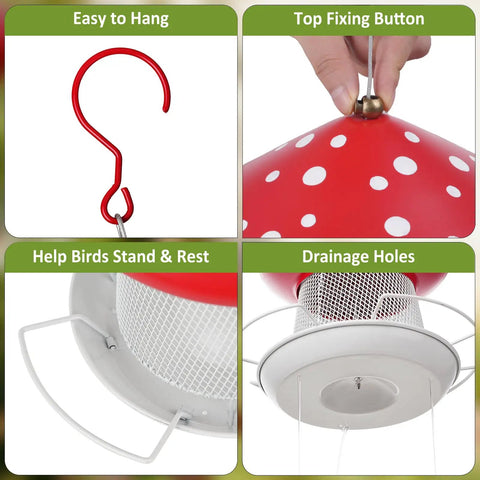 Heavy Duty Metal Mushroom Bird Feeder For Outdoor Hanging In The Garden Or Yard, Cute Red Bird Feeder That Attracts More Birds