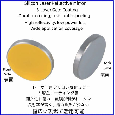 Five Layer Gold CO2 Laser Mirrors With Rock Solid Silicon Base High Reflectivity And Peelproof Electroplating For Desktop And Industrial Engravers Heavy Duty Zero Hassle Top Shelf Quality front and back view on display.