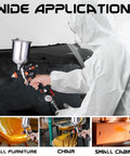 User applying paint with Dang Good HVLP Spray Gun Set delivering smooth as butter coverage on small furniture and chair.
