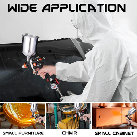 User applying paint with Dang Good HVLP Spray Gun Set delivering smooth as butter coverage on small furniture and chair.