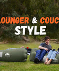 People relaxing on inflatable lounger couch portable air sofa chair for camping beach hiking lawn backyard and outdoor festivals pump free no pump needed air hammock with airtight seal and cozy pillow shaped headrest for chill vibes.