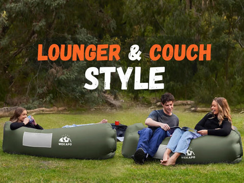 People relaxing on inflatable lounger couch portable air sofa chair for camping beach hiking lawn backyard and outdoor festivals pump free no pump needed air hammock with airtight seal and cozy pillow shaped headrest for chill vibes.