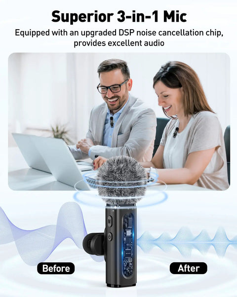 Wireless Lavalier Microphone 4 In 1 Clip On For iPhone Android USB C PC And Camera With Rotatable Clip And Active Denoise