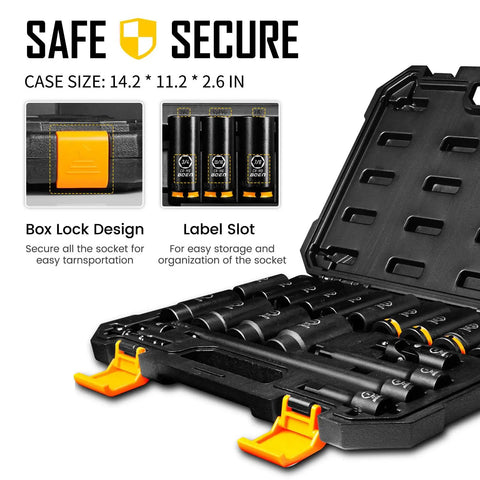 Open case showing 20 Piece One Half Inch Drive Deep Impact SAE Socket Set With Three Eighths To One And One Quarter Inch Sizes