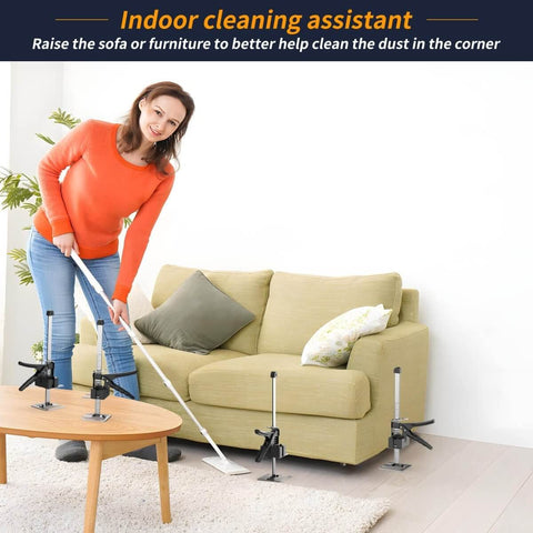 Woman using Labor-Saving Arm Jack Two-Piece Set For Wall Tile Positioning Doors Windows Cabinets and Furniture Lifts under sofa
