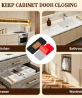 No Drill Magnetic Cabinet Door Catch With Adhesive 4 Pack Black Stainless Steel Drawer Magnets for Kitchen Cabinets Bathroom and RV No Screws Needed 15 Lb Hold Easy Install showing uses in kitchen, bathroom, drawer, and wardrobe.