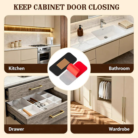 No Drill Magnetic Cabinet Door Catch With Adhesive 4 Pack Black Stainless Steel Drawer Magnets for Kitchen Cabinets Bathroom and RV No Screws Needed 15 Lb Hold Easy Install showing uses in kitchen, bathroom, drawer, and wardrobe.