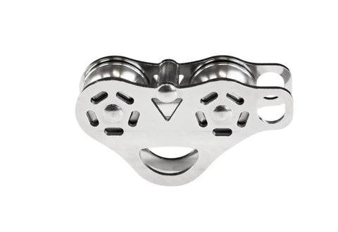 Front view of Torpedo Zip Line Trolley With 14 Inch Handlebar And Oval Carabiner For Teens Stainless Steel Dual Ball Bearing Wheels