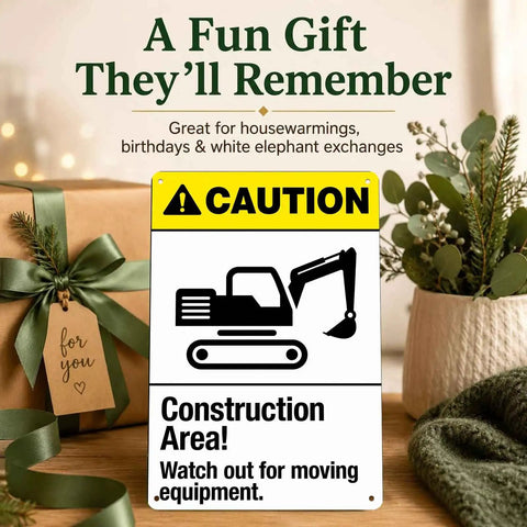 Rugged Aluminum Construction Area Warning Sign 8x12 Inch with excavator icon on a table with plants and gifts.